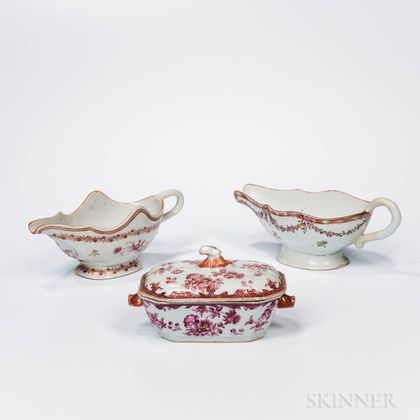 Two Export Porcelain Sauce Boats and a Small Covered Serving Dish