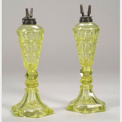 Pair of Yellow Pressed Four-Printie Block Glass Fluid Lamps