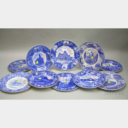 Ten English Transfer Blue and White Massachusetts Historical Plates