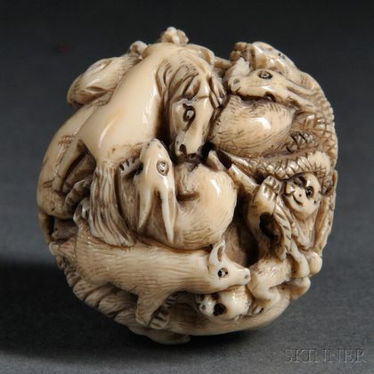 Ivory Netsuke Ball of Zodiac Animals