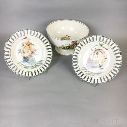 Wedgwood Enameled Queensware Bowl and Two Plates