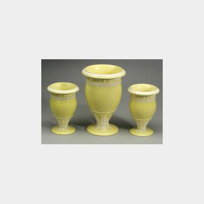 Wedgwood Three Piece Yellow Ground Queen&#39;s Ware Vase Garniture