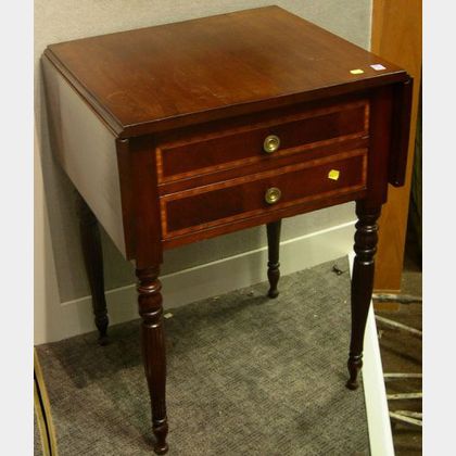Federal Cherry and Inlay Mahogany Veneer Drop-leaf Two-Drawer Work Table. 