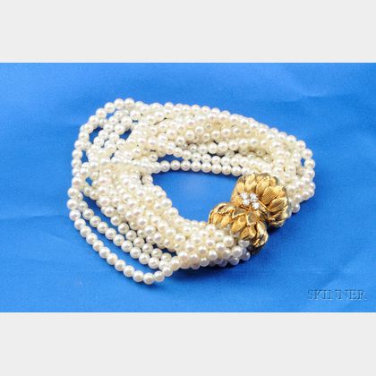 Cultured Pearl and Diamond Torsade Bracelet