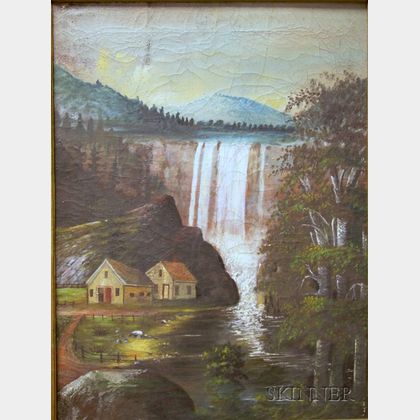 Walnut Framed American School 19th Century Oil on Canvas Landscape with Waterfall