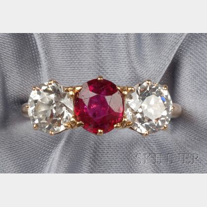 Antique Ruby and Diamond Three-Stone Ring