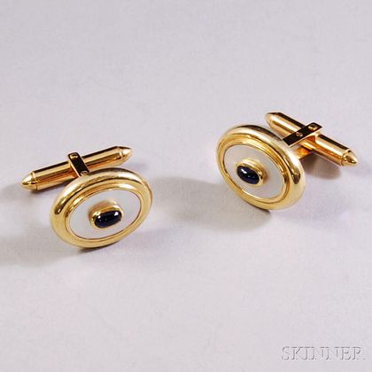 Pair of 14kt Gold, Mother-of-pearl, and Cabochon Sapphire Cuff Links