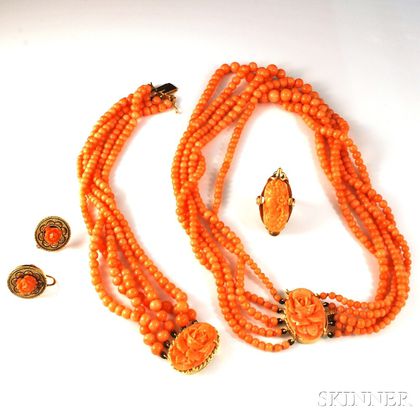 Group of Carved Coral and Coral Bead Jewelry