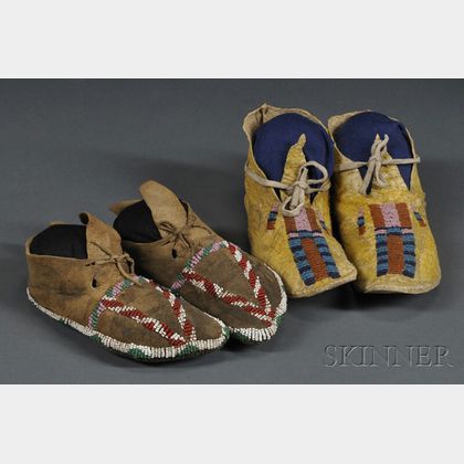 Two Pairs of Beaded Hide Child's Moccasins