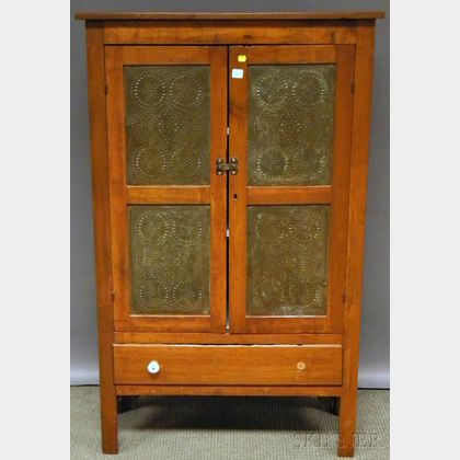 Country Pine and Punched-tin-paneled Two-door Pie Safe with Drawer