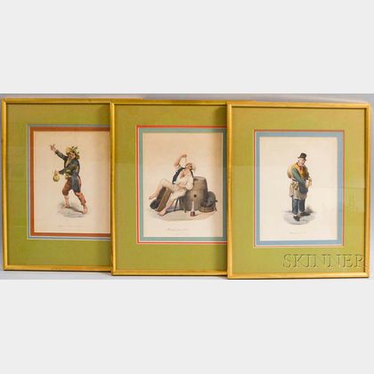 Set of Six Framed Italian Hand-colored Character Portrait Engravings