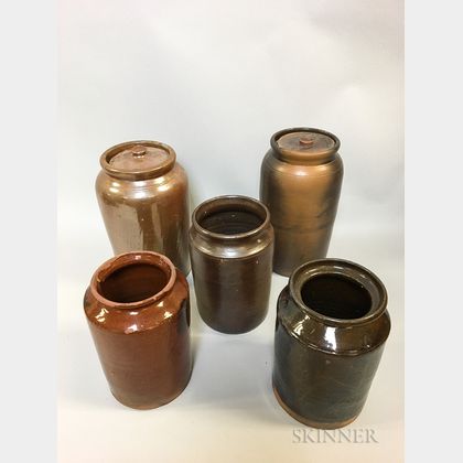 Five Redware Pottery Jars