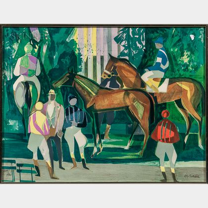 Camille Hilaire (French, 1916-2004) Horses and Jockeys in the Paddock