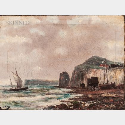 Claude Hulk (British, 19th Century) Fishing Vessels by a Beach and Cliff
