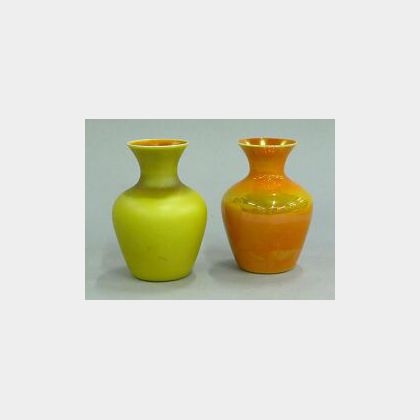Two Iridescent Orange and Yellow Glass Vases