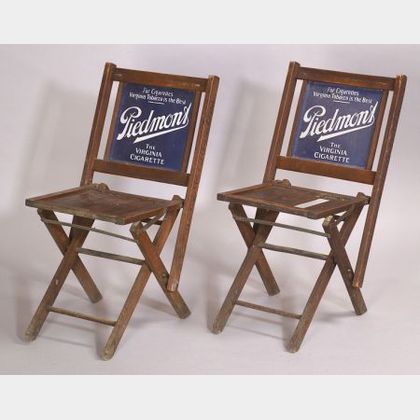 Pair of Piedmont Cigarettes Enameled Metal Panel and Wooden Advertising Folding Chairs