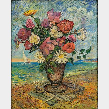David Burliuk (Ukrainian/American, 1882-1967) Still Life with Flowers by the Shore