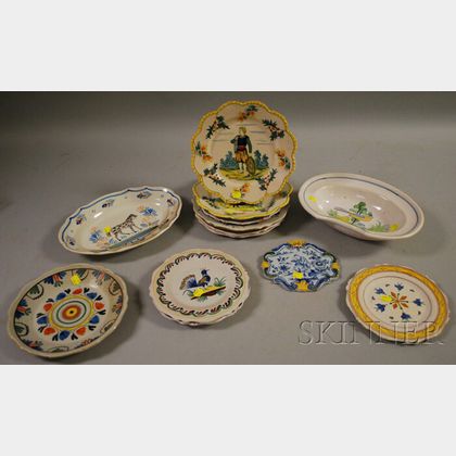 Thirteen Quimper and Quimper-style Painted Folk Pottery Items