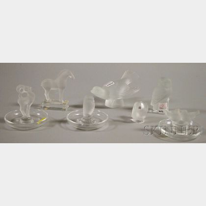 Seven Small Modern Lalique Colorless Art Glass Figural Items