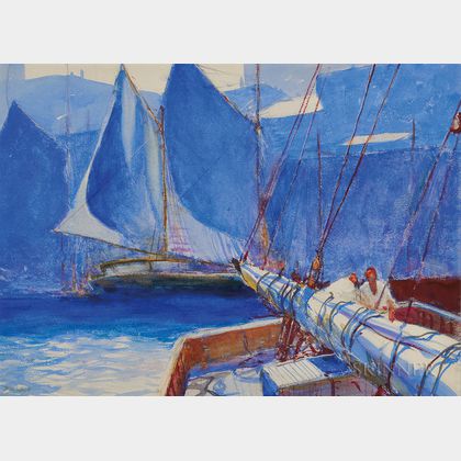John Whorf (American, 1903-1959) Harbor Scene with Stern of Boat and Two Sailors