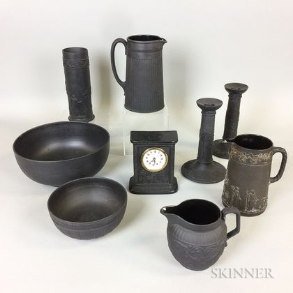 Nine Wedgwood Black Basalt Ceramic Items