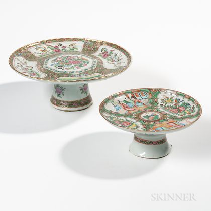 Two Rose Medallion Export Porcelain Cake Stands and a Small Bowl