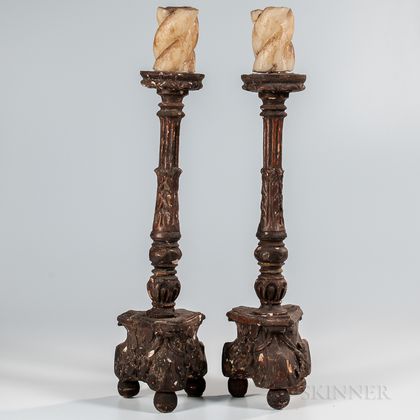 Pair of Carved and Gessoed Wood Pricket Candlesticks