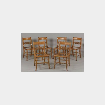 Set of Six Classical Tiger Maple Carved Side Chairs
