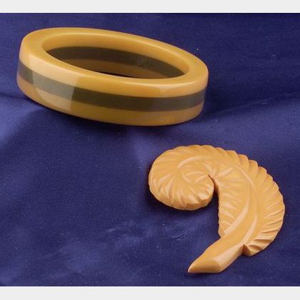 Bakelite Laminate Bangle and Carved Butterscotch Feather Brooch