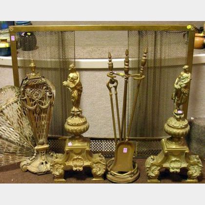 Pair of Continental-style Brass Figural Andirons, a Brass Fireplace Fan Screen, a Brass Wire Mesh Fireplace Scr... 