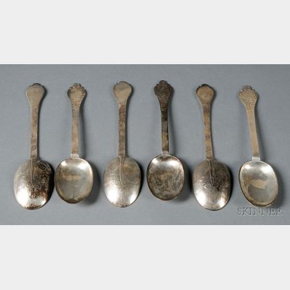 Set of Six Recast William & Mary Silver Trifid Spoons