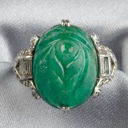 Platinum, Carved Emerald, and Diamond Ring