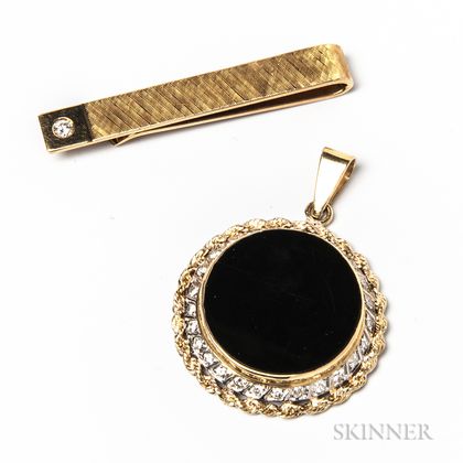14kt Gold and Diamond Tie Bar and a 14kt Gold, Diamond, and Onyx Pendant