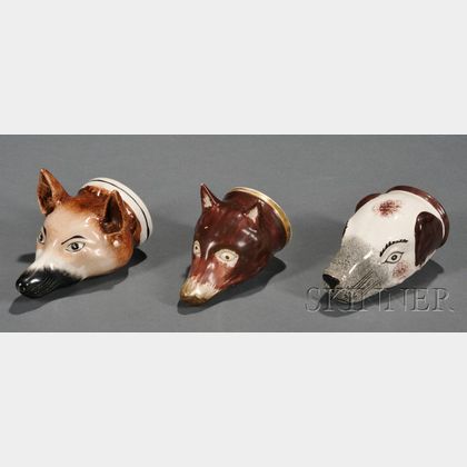 Three English Earthenware Animal Head-form Stirrup Cups