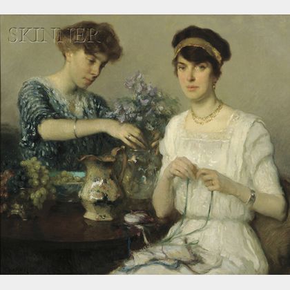 Francis Luis Mora (American, 1874-1940) The Artist's Wife and Her Sister Arranging Flowers and Ribbons
