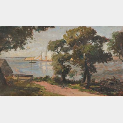 Frank Knox Morton Rehn (American, 1848-1914) Harbor View with Schooner