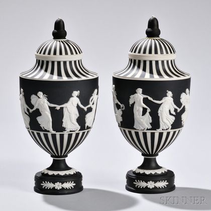 Pair of Wedgwood Black Jasper Dip Dancing Hours Vases and Covers