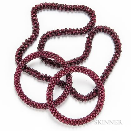 Garnet Bead Necklace and Two Bangles