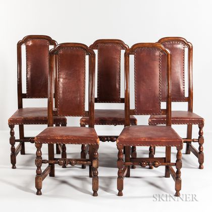 Five Maple Crook-back Leather Chairs