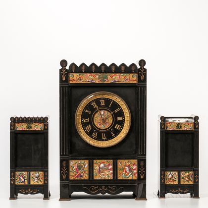 Gilt and Hand-painted Belgian Slate Clock Garniture Set