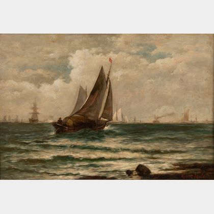 Robert Mols (Belgian, 1848-1903) Vessel Heading Out into a Busy Harbor