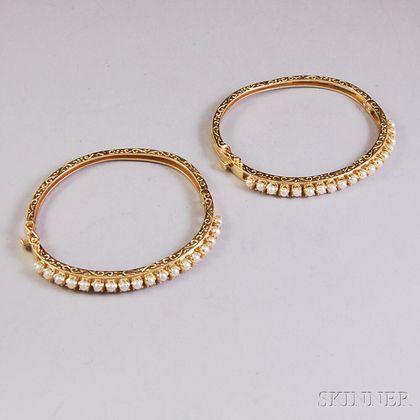 Pair of 14kt Gold and Pearl Hinged Bangle Bracelets