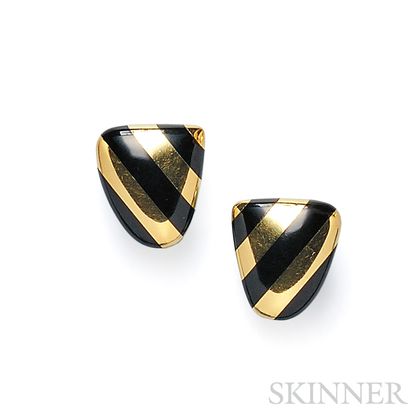 18kt Gold and Black Jade Earclips, Tiffany & Co.