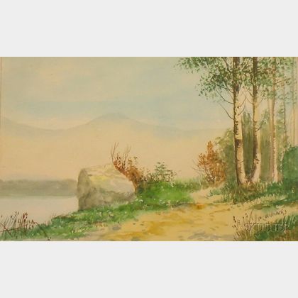 Framed Watercolor Landscape of Pondside Birches