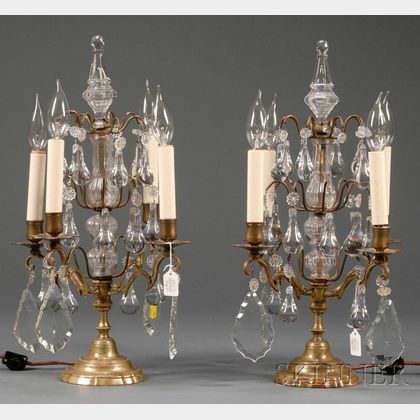 Pair of Baroque-style Four Light Bronze and Colorless Glass Girandoles