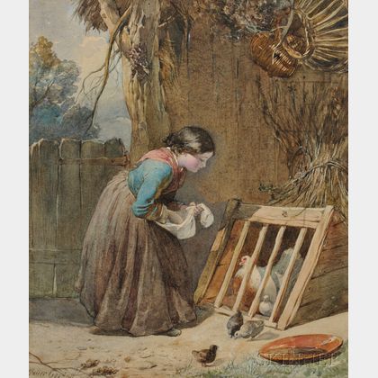 Walter Goodall (British, 1830-1889) Girl Feeding Birds in a Barnyard