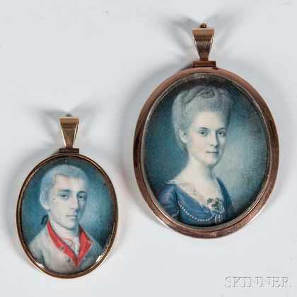 Pair of Association Miniatures of General Jacob Morris and Mary Cox Morris attributed to Charles Willson Peale (1741-1827).