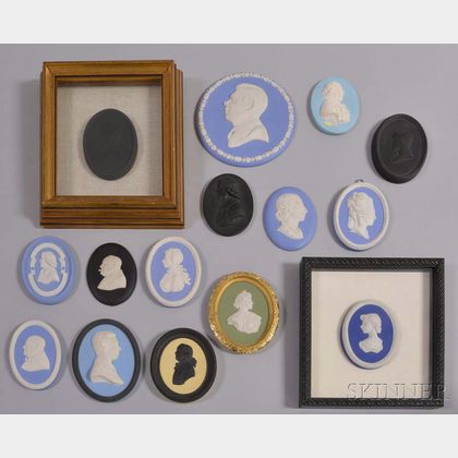 Fifteen Mostly Wedgwood Jasper Portrait Medallions. Estimate $300-500