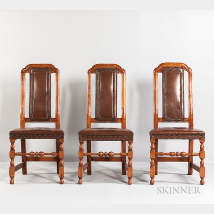 Three Maple Crook-back Leather Chairs
