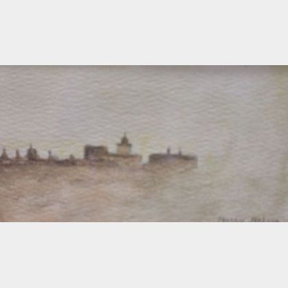 Framed Watercolor of Distant Buildings